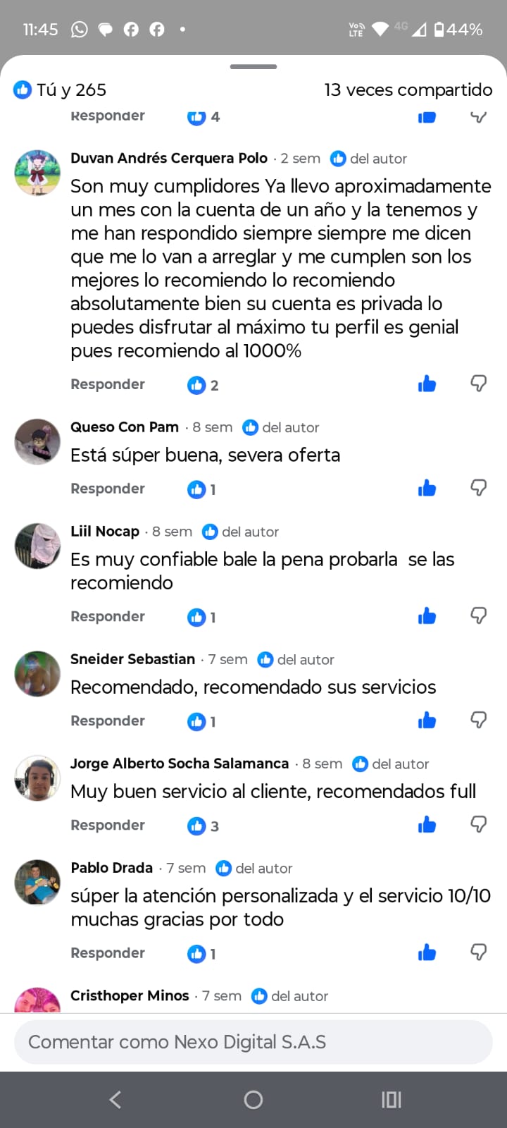 Reseña de Duvan Andrés Cerquera Polo recomendando las cuentas privadas y el soporte.